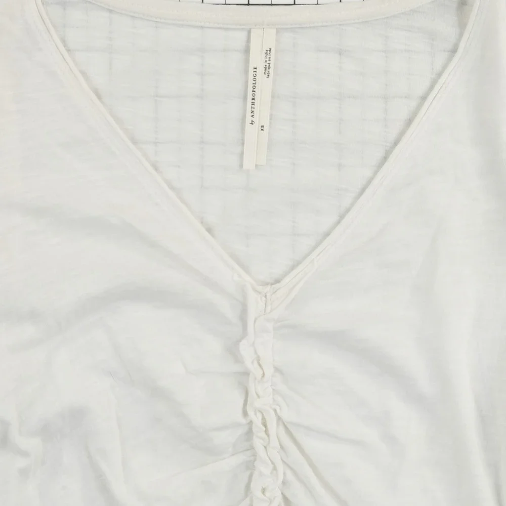 Anthropologie‎ Top Women's Size XS White Ruched V Neck Puff Sleeve Ruffle Shirt